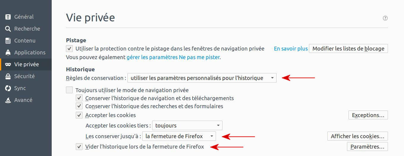 Firefox : Capture d'écran paramétrage des cookies